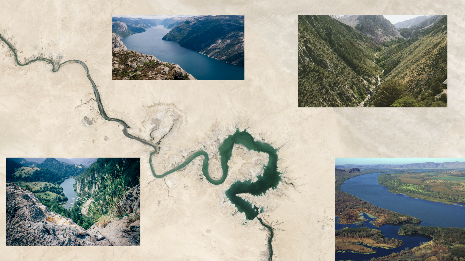 Watershed depicted by remote sensing in the center and as seen in real from side images